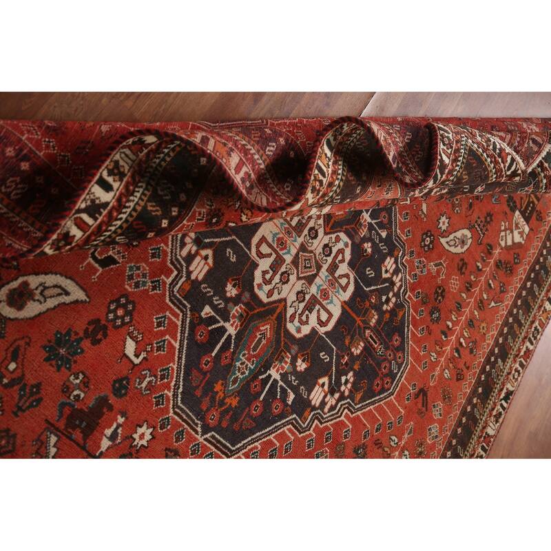 Vegetable Dye Handmade Shiraz Persian Vintage Rug Orange Wool Carpet - 6'2"x 9'4"