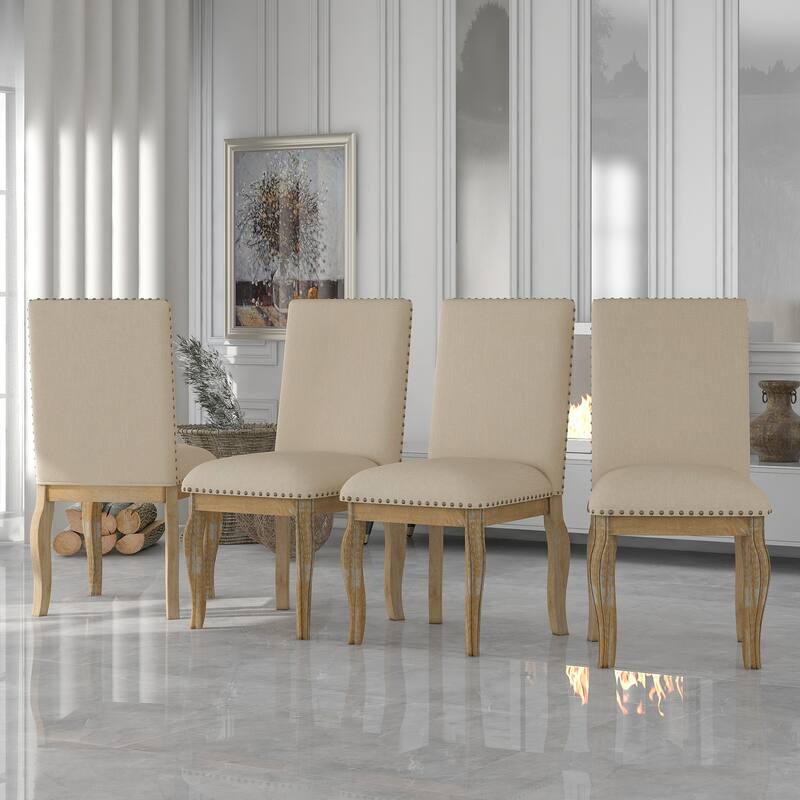 Modern Set of 4 Dining Chairs with Upholstered Fabric and Nailhead Trim for Dining Room and Living Room - Natural Wood Wash