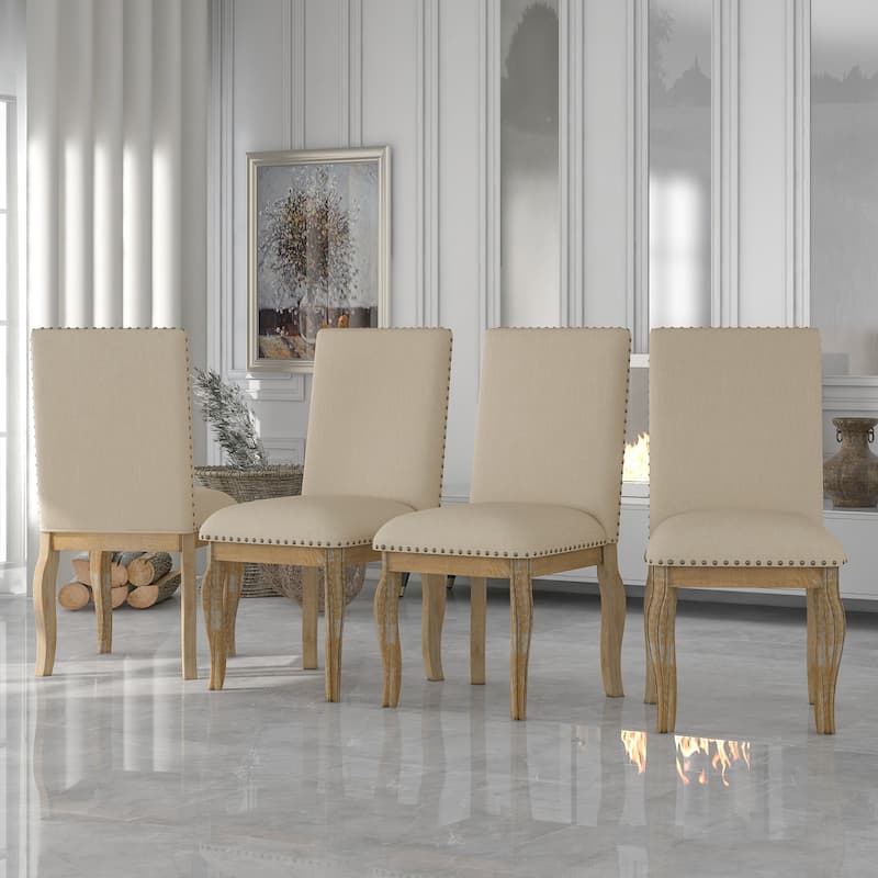 Set of 4 Dining Chairs Wood Upholstered Fabirc Dining Room Chairs with Nailhead - Natural Wood Wash