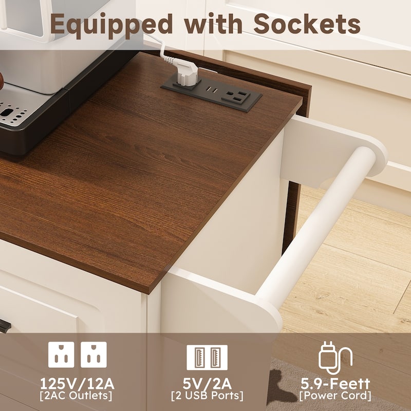 Modern Kitchen Island Cart with Foldable Tabletop 3 Drawers, Hidden Cabinets, Spice Rack and Towel Rack, for Kitchen