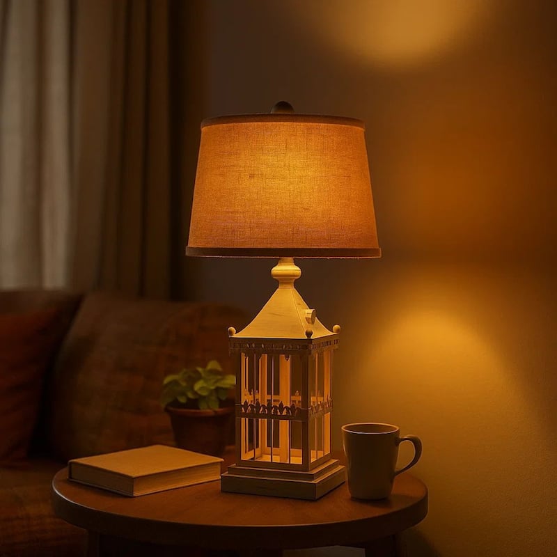 Metal Temple Design Base Table Lamp with Fabric Shade, Beige and Gray