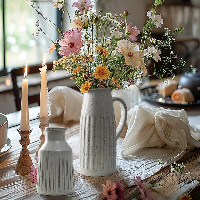 2-Piece Vintage White Ribbed Terracotta Pitcher Vase Set