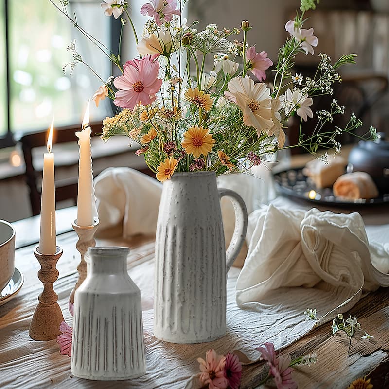 Vintage White Ribbed Terracotta Vase (Single)