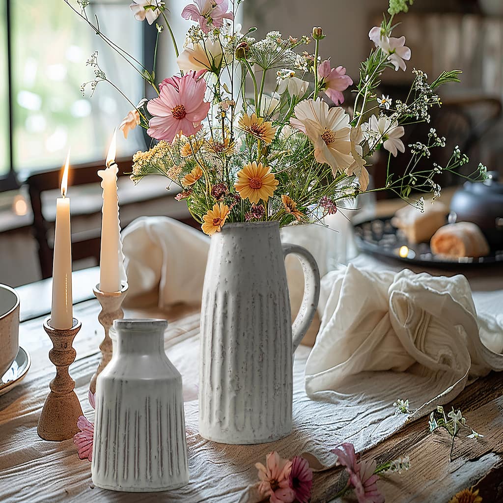 Vintage White Ribbed Terracotta Vase (Single)