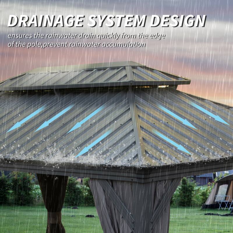 10' X 14' Hardtop Gazebo with Drainage System, Galvanized Steel Roof, Curtains, and Netting for Outdoor Living