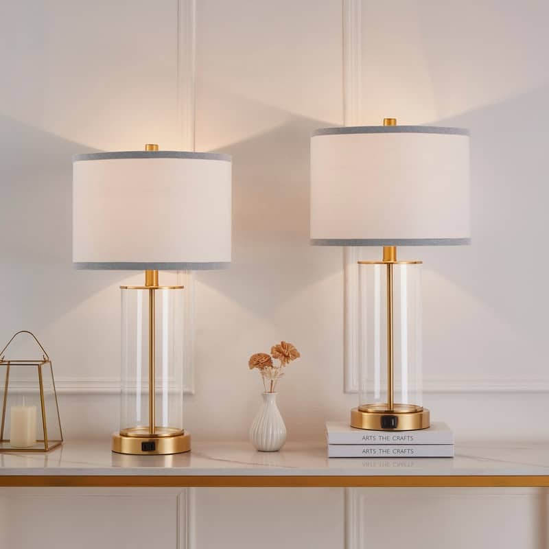 KAWOTI 23.25" Touch Control Table Lamp Set with USB Port and Bulbs - Antiqued Brass