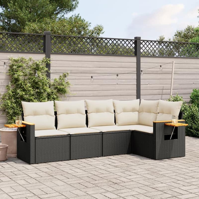vidaXL Patio Sofa Set with Cushions Outdoor Conversation Furniture Poly Rattan - Black and cream without table - 24.4 x 33.5 x 27.2 in