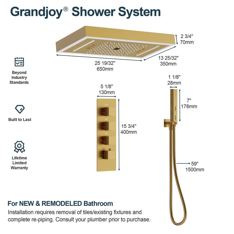GRANDJOY Thermostatic Triple-Function LED Rain and Waterfall Shower System with Handheld and Built-In Music