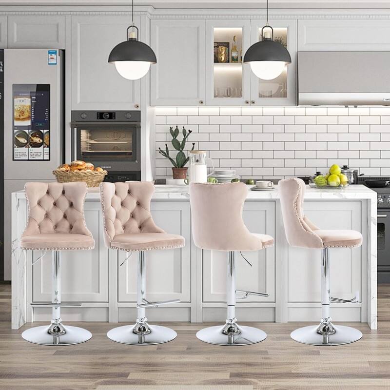 Velvet Upholstered Nailheads Tufted Swivel Bar Stools (Set of 4) - Khaki SliverBase