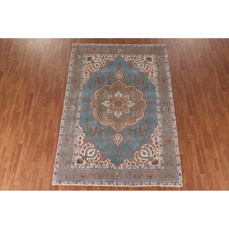Over-Dyed Blue Tabriz Vintage Area Rug Handmade Wool Carpet - 6'5" x 9'5"