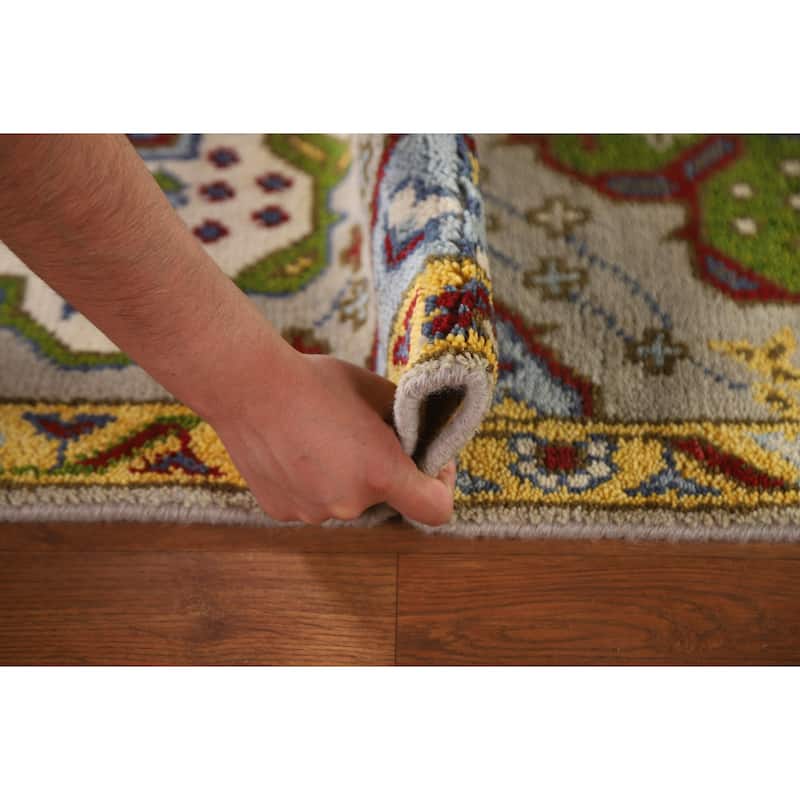 Geometric Kazak Indian Accent Rug Handmade Beige Wool Carpet - 2'7"x 6'1"