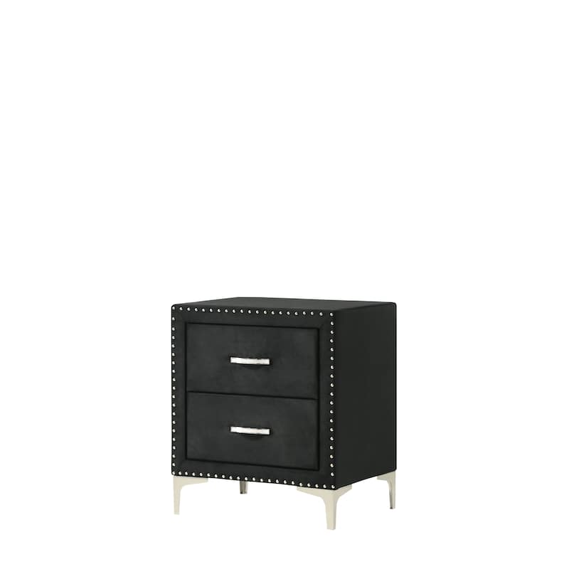 Black Nightstand with Tempered Glass Top and Upholstered Design - Black