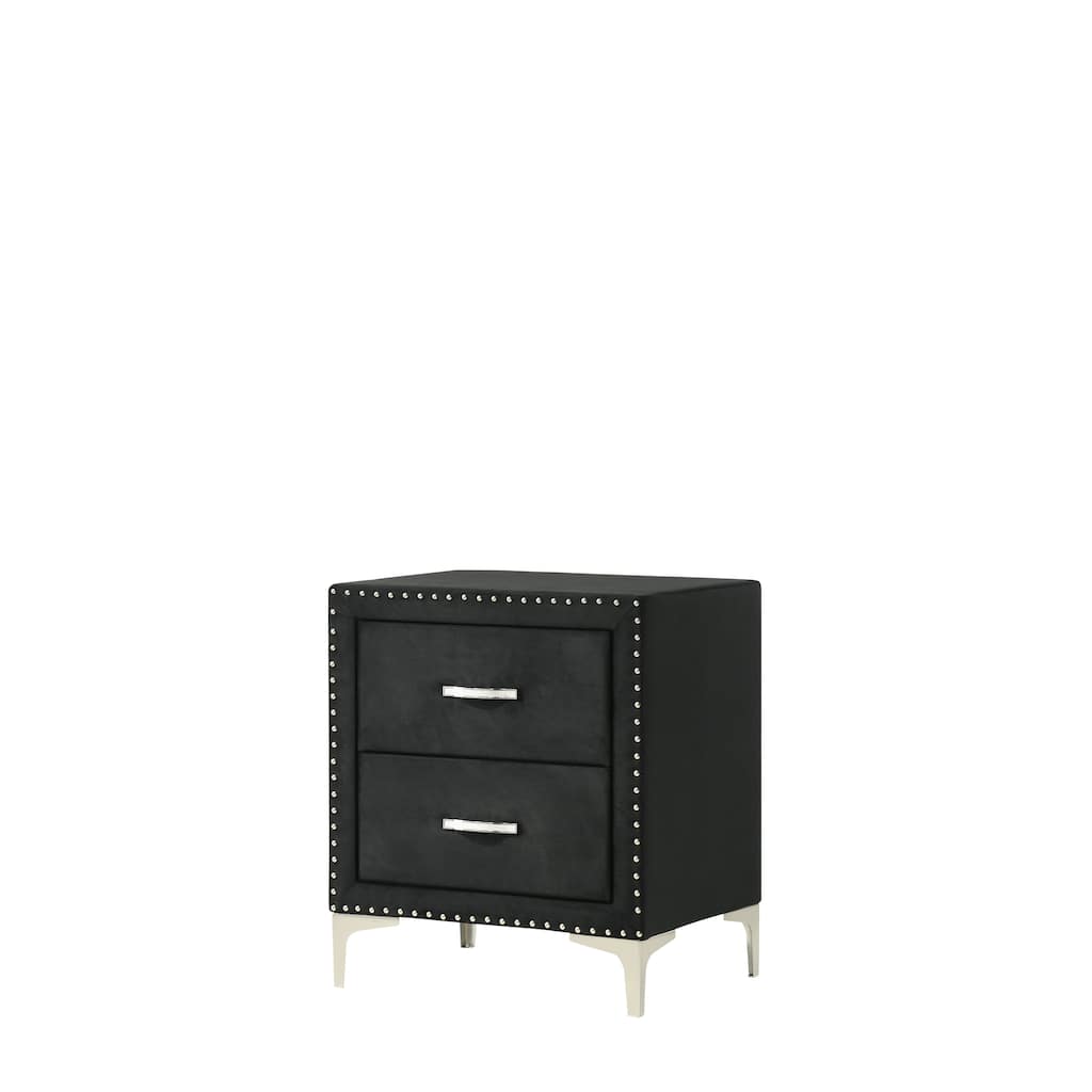 Black Nightstand with Tempered Glass Top and Upholstered Design
