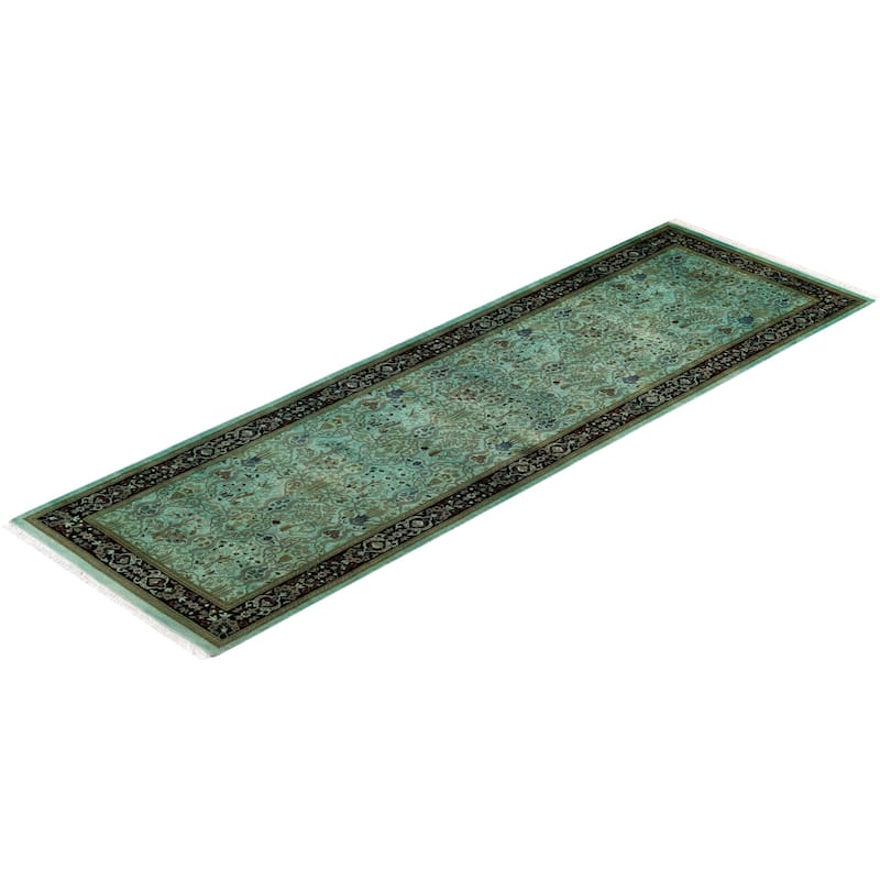 Overton Hand Knotted Wool Vintage Inspired Modern Contemporary Overdyed Green Runner Rug - 2' 6" x 8' 1"
