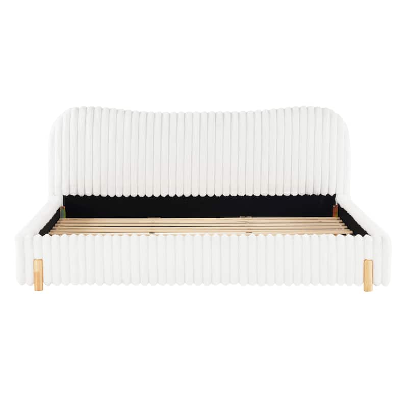Sleek White Boucle Upholstered Bed, Solid Rubberwood Platform Bed Frame with Wavy Headboard and Vertical Stitching - White - King