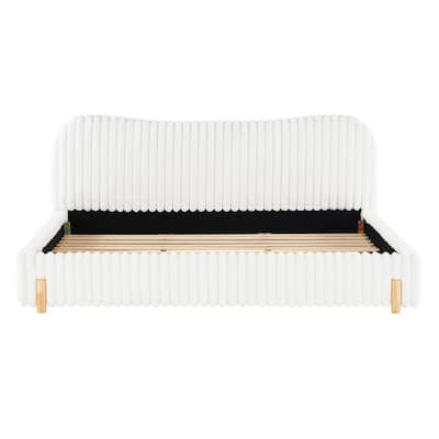 Sleek White Boucle Upholstered Bed, Solid Rubberwood Platform Bed Frame with Wavy Headboard and Vertical Stitching