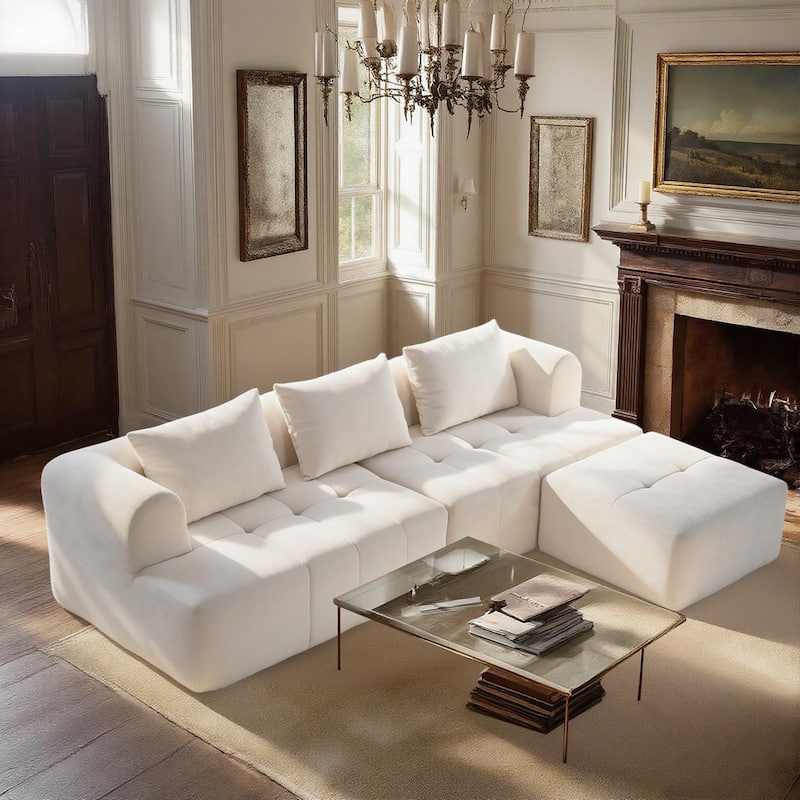 Chenille L Shaped Couch Boneless Couches for living room Tufted Sectional with Ottoman Modern Cloud Sofa - Ivory