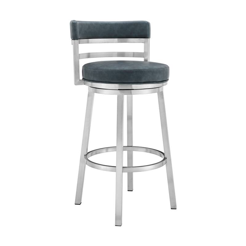 Blue Faux Leather Swivel Bar Stool with Footrest and Low Back 26 Inch Seat Height for Kitchen Use - 36" H x 20" W x 21" D