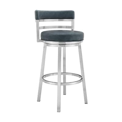 Blue Faux Leather Swivel Bar Stool with Footrest and Low Back 26 Inch Seat Height for Kitchen Use - 36" H x 20" W x 21" D