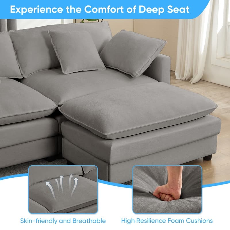 Mixoy 113''U-Shaped Modular Sectional Sofa, 5-Seat Cloud Couch with 2 Ottomans,Modern Chenille Sleeper Sofa,Deep Seat Couches