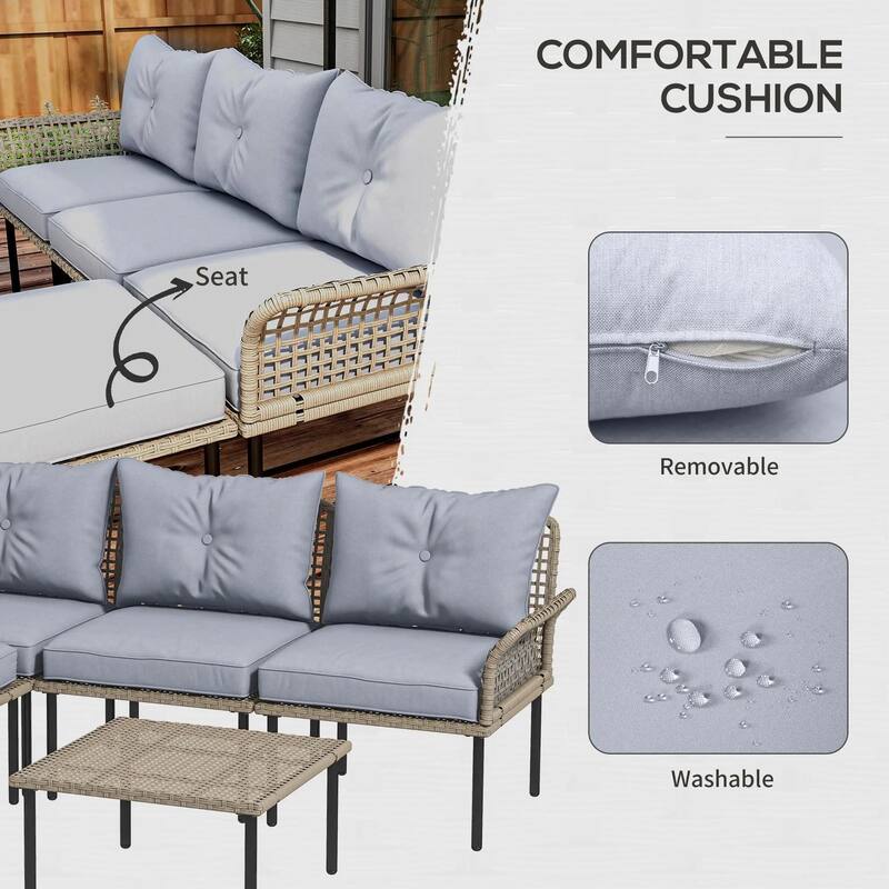 5PCS PE Rattan Patio Set, Sofa Chaise Coffee Table, White Weatherproof