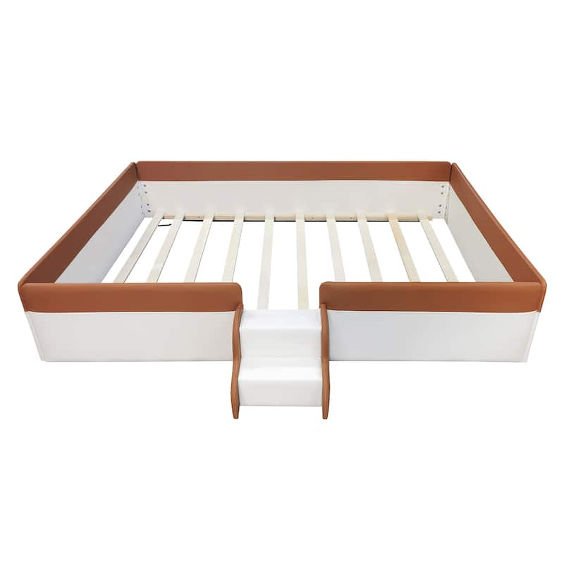 Full Size Upholstered Daybed Frame with Fence and Stairs,(BROWN+WHITE)