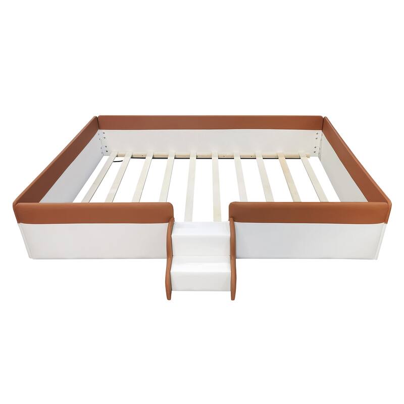 Roomfitters Twin/Full/Queen/King Size Upholstered Daybed Frame with Safety Fence and Stairs, PU Fabric Platform Bed with Slats