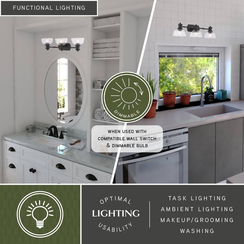 VAXCEL Beloit Matte Black Farmhouse Bathroom Vanity Lighting Wall Fixture, Clear Seeded Glass Shade, Dimmable