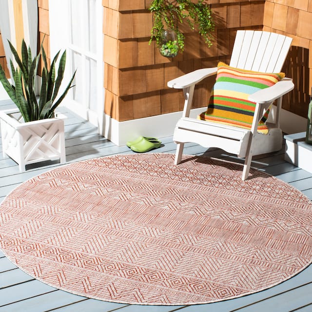SAFAVIEH Courtyard Zorana Indoor/ Outdoor Waterproof Patio Backyard Rug - 6'7" x 6'7" Round - Beige/Rust