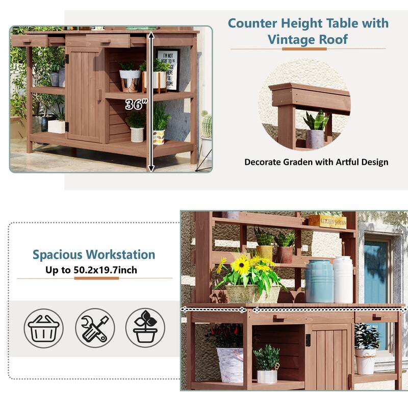 Outdoor Wooden Potting Bench Table, Garden Potting Bench with Cabinet, Patio Workstation with 4 Open Shelves and 2 Drawers