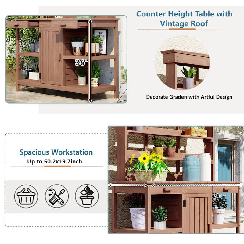 Roomfitters 66" Farmhouse Outdoor Potting Bench Table with 2 Drawers, Cabinet and Open Shelves