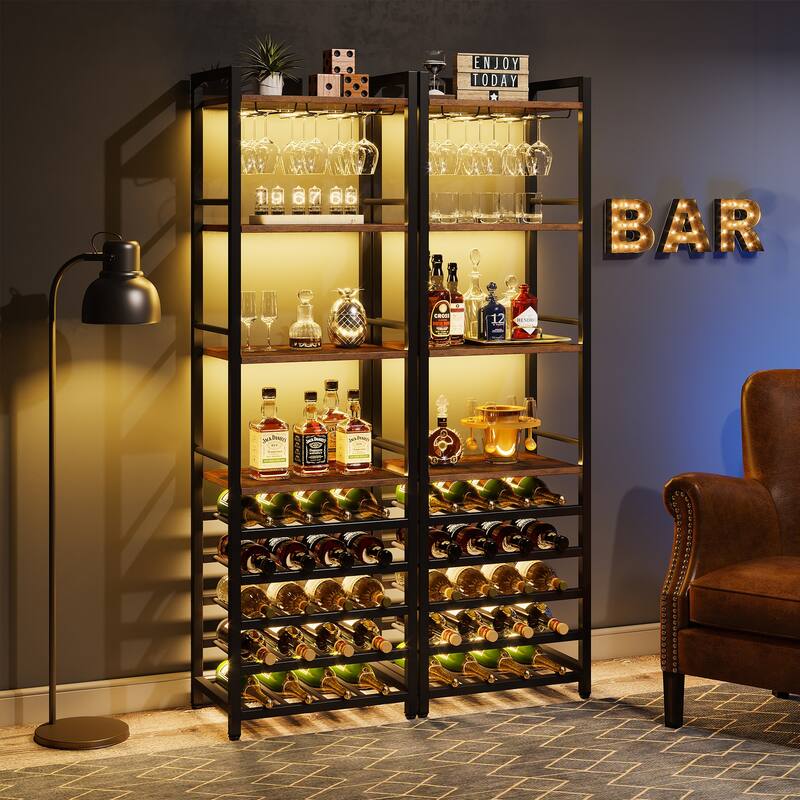 20 Bottle Freestanding Floor Wine Rack, 9 Tier Floor Liquor Cabinet with Glass Holder and Storage Shelves - Brown