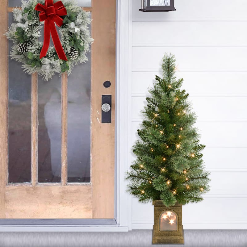 Puleo International Set of 2 Artificial Battery-Operated Pre-Lit Potted Christmas Trees - 3.5 Foot