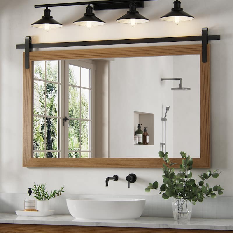 Farmhouse Rectangular Wood Frame Wall Mirror, Rustic Barn Door Bathroom Vanity Mirror - 40W * 26H Inches - Warm Brown