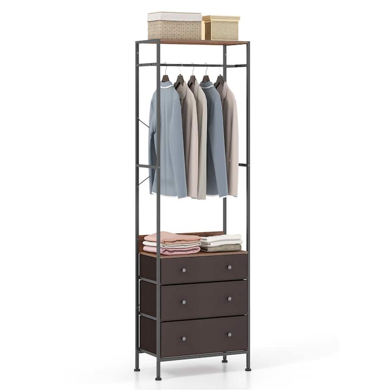 Gymax Freestanding Closet Organizer w/ 3-position Hanging Rod & - 3-drawer - Brown