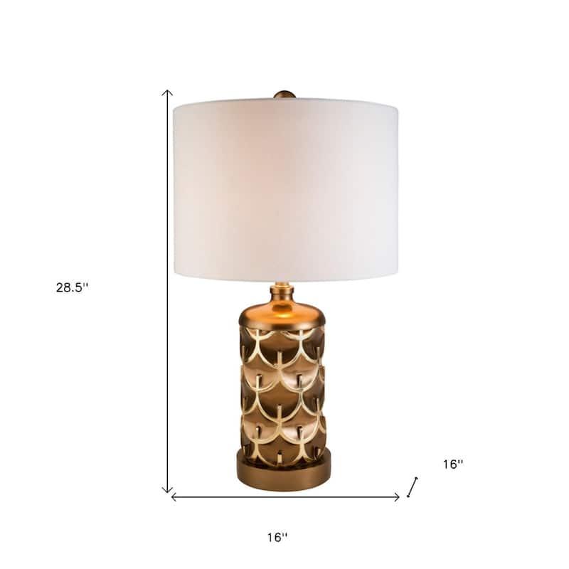 Gold Metal Bedside Table Lamp with White Cotton Drum Shade Rotary Switch - 16” x 16” x 28.5” (D x W x H)