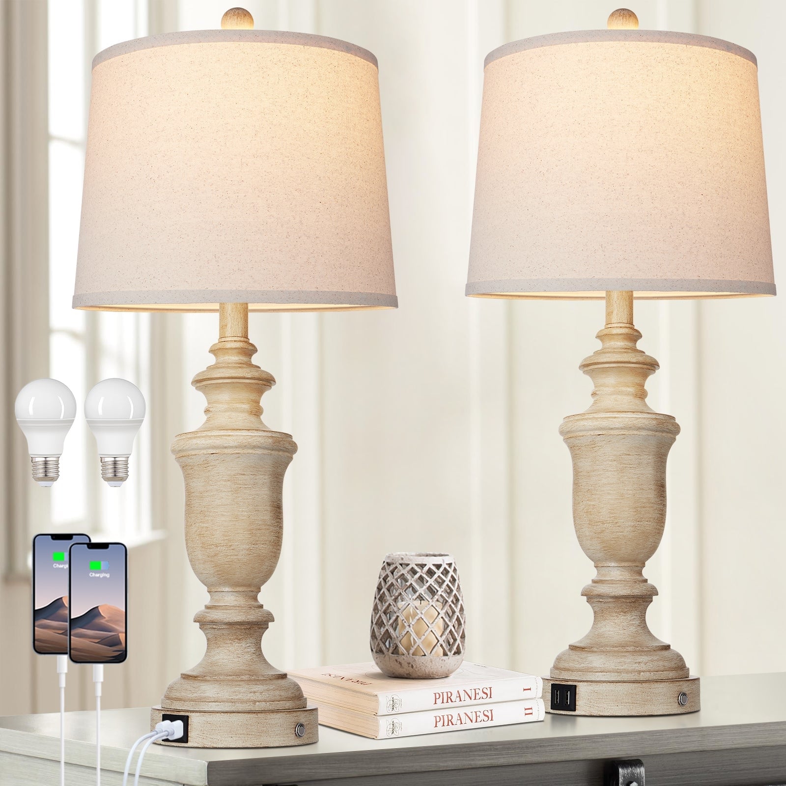 Table Lamps Beige Resin USB and Type-C Ports 3-Way Touch Switch(Set of 2)