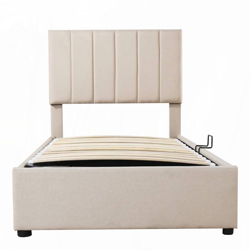 Twin Size Upholstered Platform Bed with a Hydraulic Storage System,Beige