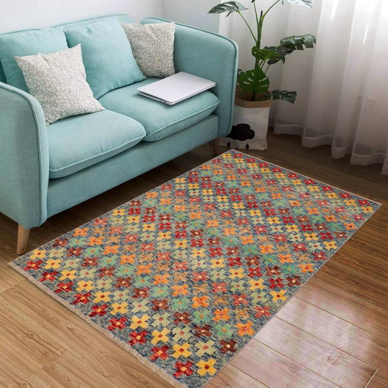 Modern Balochi Golden Blue/Red Hand Knotted Wool Rug - 3'4'' x 5'1''