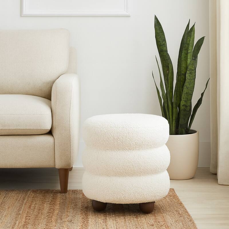 Decorative Round Ottoman with Ribbed Design and Ball Feet- 18", Ivory - 18.0" - Ivory