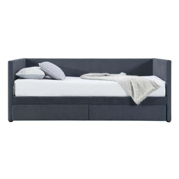slide 2 of 9, Twin Size Grey Corduroy Accent Daybed Sofa Bed Dual Storage Drawers & Wood Slat Modern Design Grey
