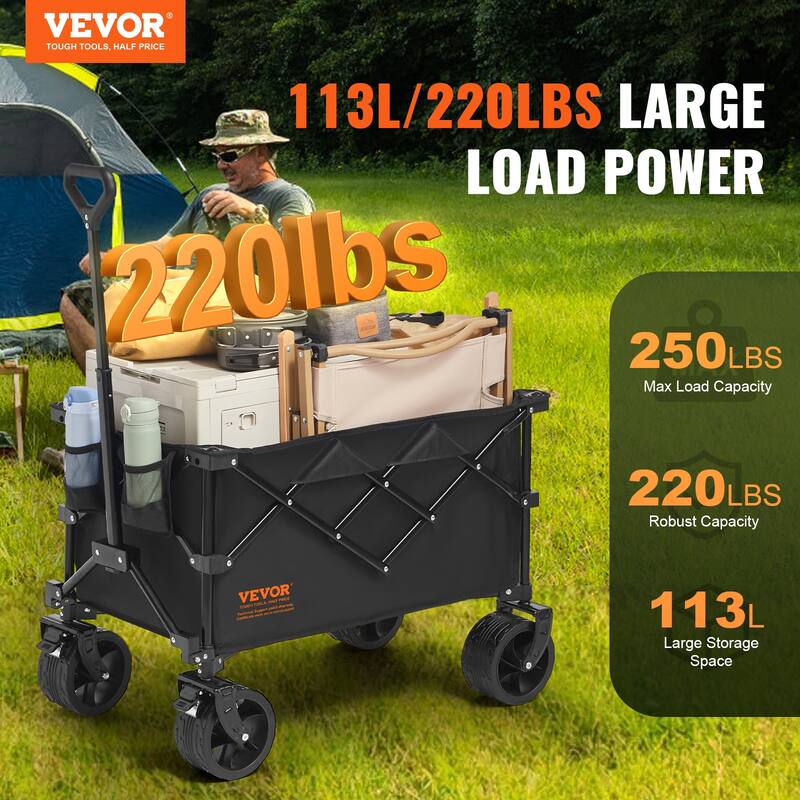VEVOR Collapsible Folding Wagon, 113 L Beach Wagon Cart with All-Terrain Wheels, Heavy Duty Folding Wagon Cart Max 250 lbs