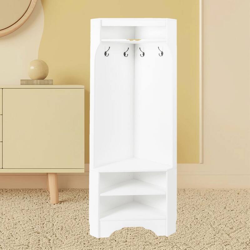 Space-Saving Corner Coat Rack with Shoes Storage Rack, Adjustable Shelf, and 4 Hooks for Hallway Entryway or Porch Organizer - White