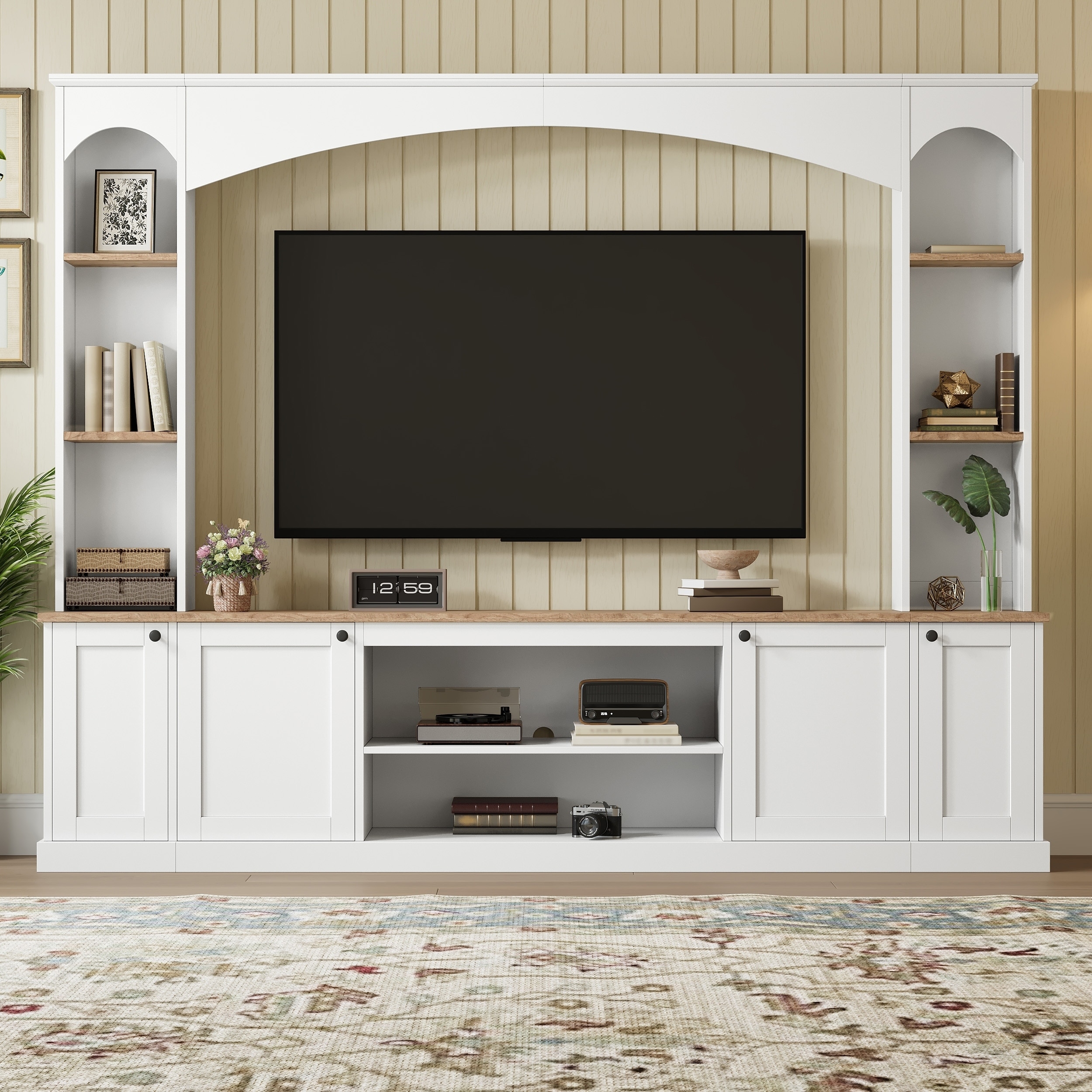 Arched Entertainment Center Wall Unit with Bookshelf & Storage Cabinet, TV Stand Media Console for TVs Up to 70"