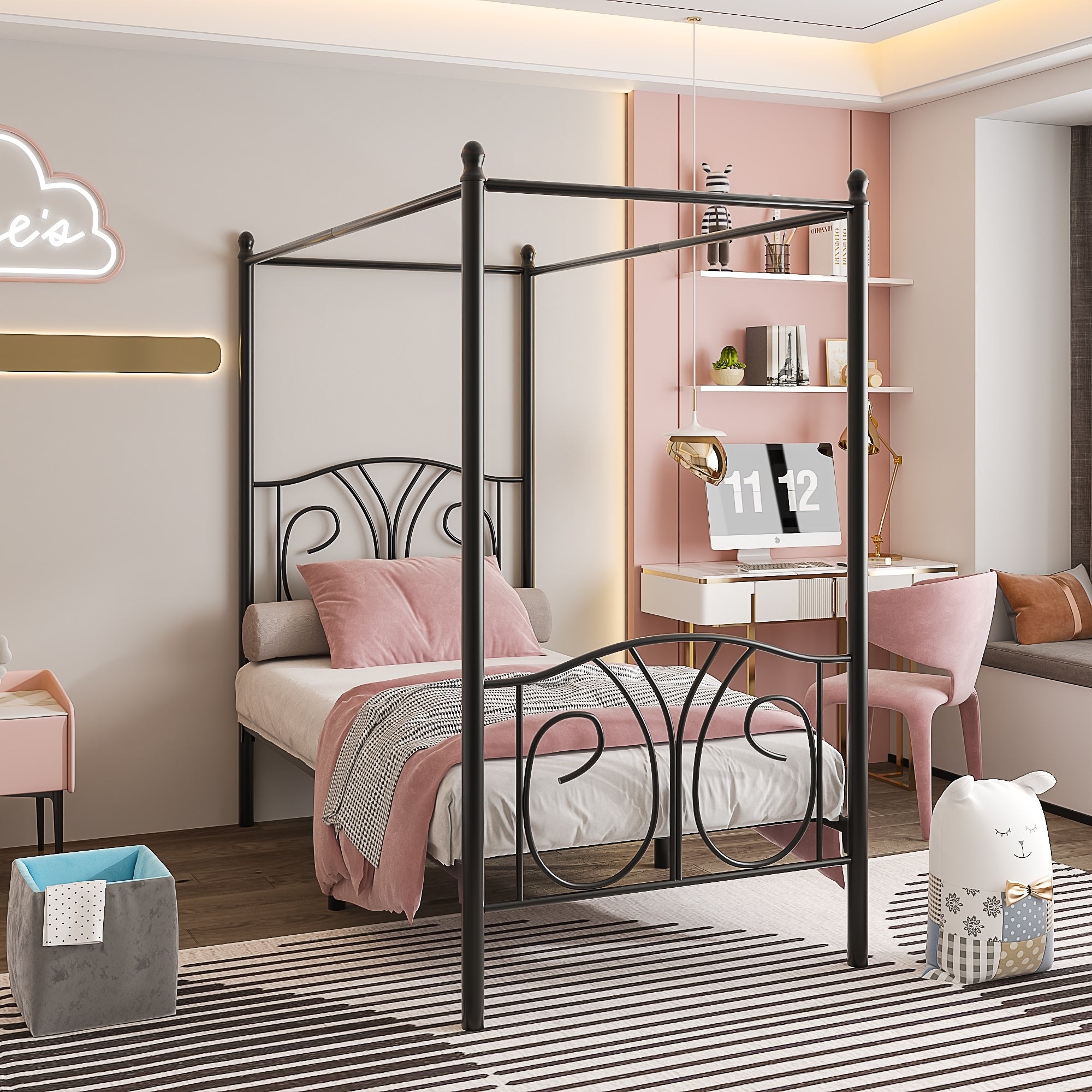 VECELO Metal Canopy Bed Frame Twin Size 4 Posters Platform Mattress Foundation with Headboard Heavy Duty Steel Slats Support