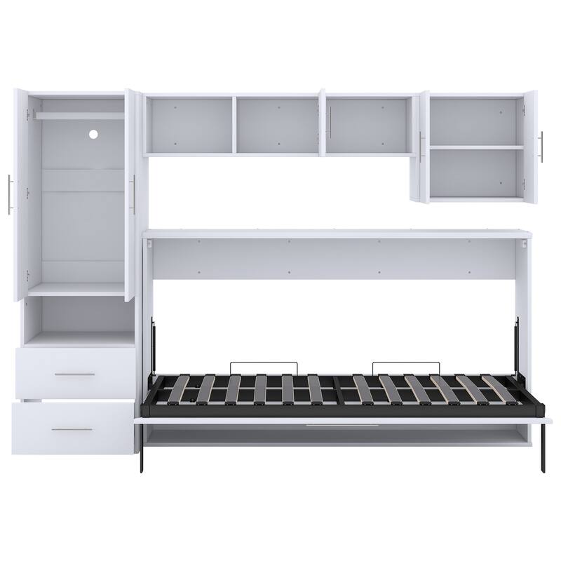 Twin Size Murphy Bed with Open Shelves, Storage Drawers & Wardrobe