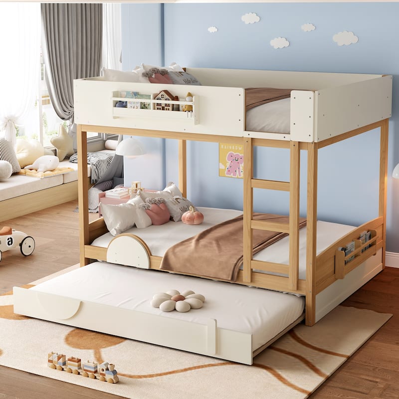 Queen/Full Bunk Bed with Trundle, Built-in Bookshelf & Safety Guardrail, Automobile Design - Brown - Queen