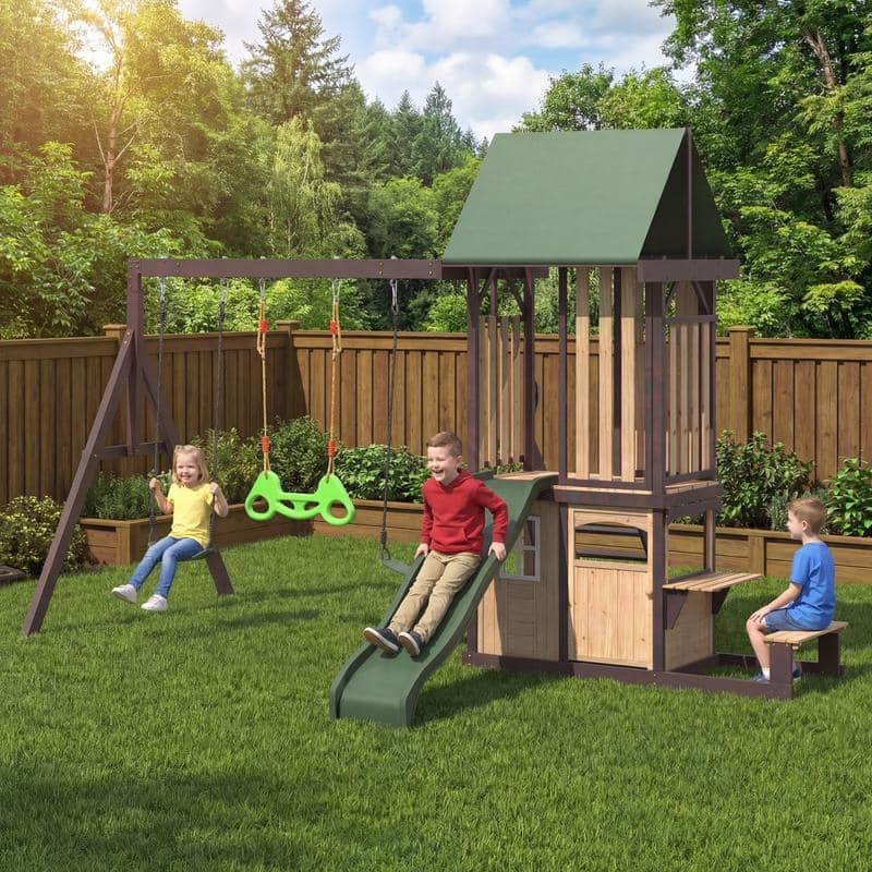 Kids Outdoor Swing Set with Wave Slide & Belt Swings – Backyard Playground Play Equipment for Toddlers & Children