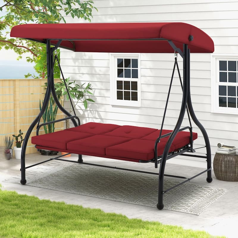 3-Seat Metal Patio Swing, Outdoor Porch Swing Glider with Cushions - Red