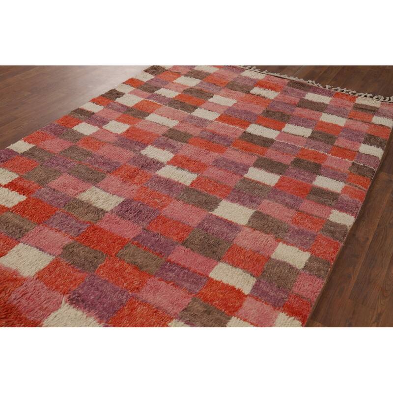 All-Over Checkered Moroccan Oriental Area Rug Handmade Wool Carpet - 5'1" x 6'6"